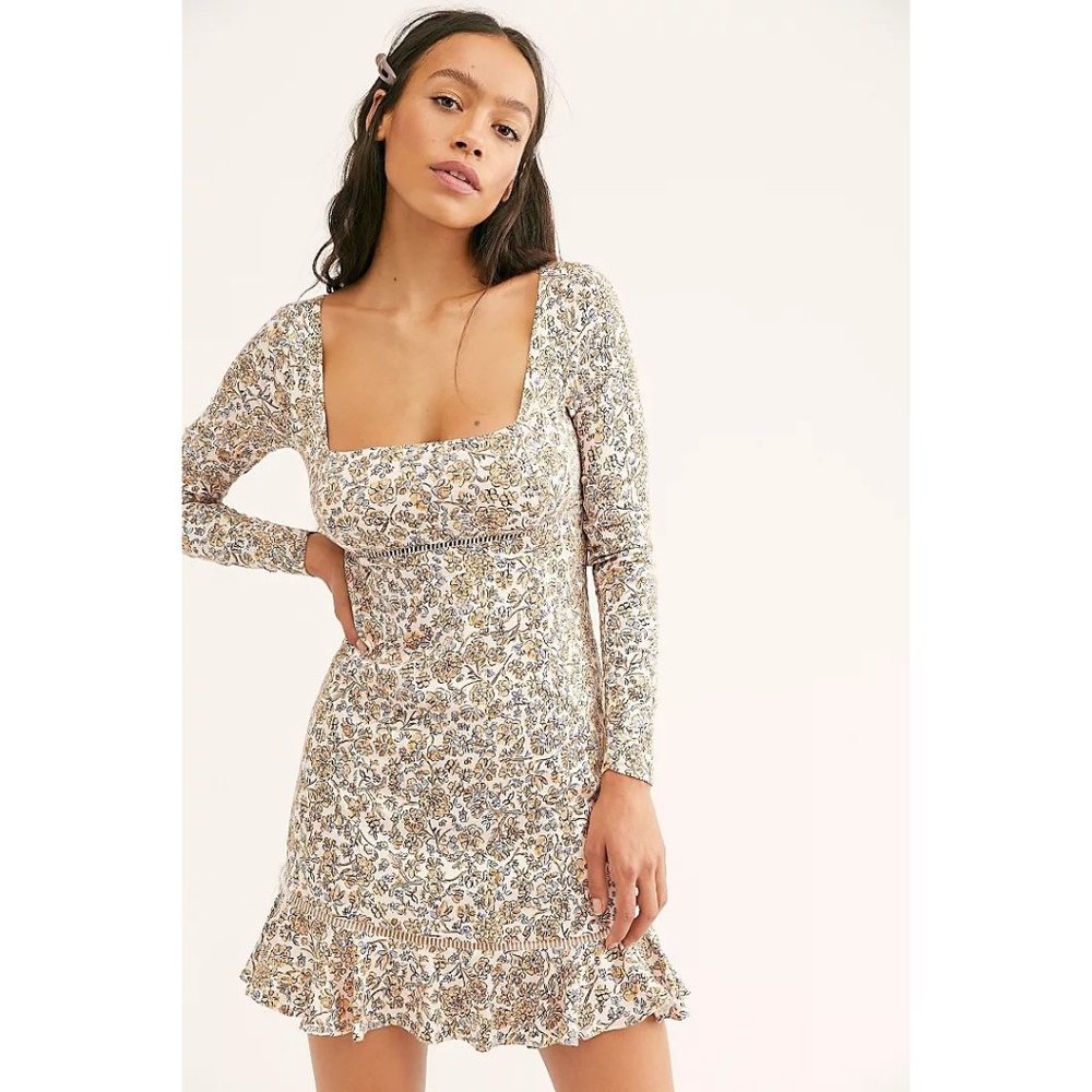 Free People Women's 6 "Boheme" Long Sleeve Square Neck Floral Mini Dress